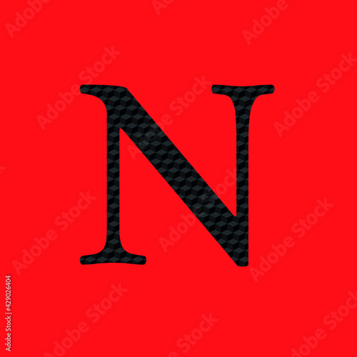 Letter N textured in opaque black metal look editable vector on red background