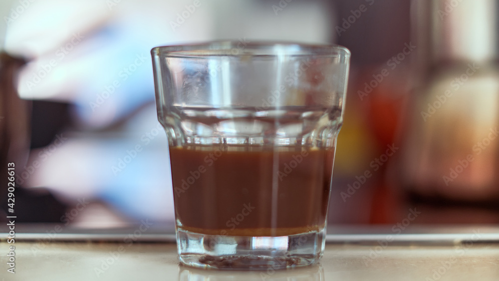 Close up of little glass of espresso cafe. Close up of little glass of espresso cafe.
