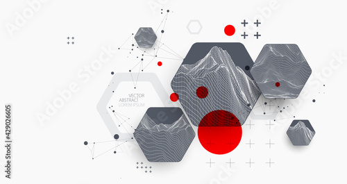Modern science or technology abstract background using hexagonal shapes. Wireframe spot surface illustration. Vector.