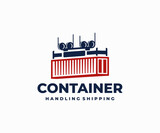 Container box handling logo design. Shore crane loading vector design. Crane lifting cargo container logotype