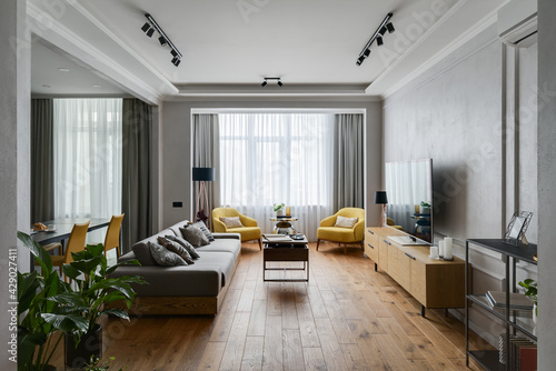 living room, living room with large window, modern apartment © Serhii Savchenko