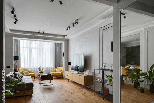 living room, living room with large window, modern apartment © Serhii Savchenko