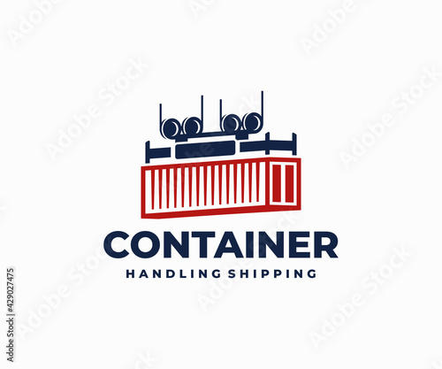 Container box handling logo design. Shore crane loading vector design. Crane lifting cargo container logotype