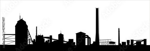 Oil shale processing plant silhouette isolated on white. Technical buildings and high chimneys. Long factory line.