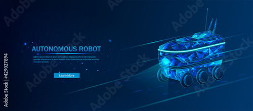 Autonomous robot on wheels delivers purchases home. Automatic route of the unmanned rover to the buyer. Automated courier service for the delivery of purchases. Vector illustration