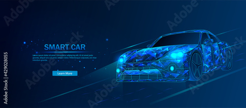 Smart car. Futuristic polygonal model auto. Smart auto ai. Wireframe in line low-poly style. Smart automobile. Vector illustration in futuristic style. Vectot illustration