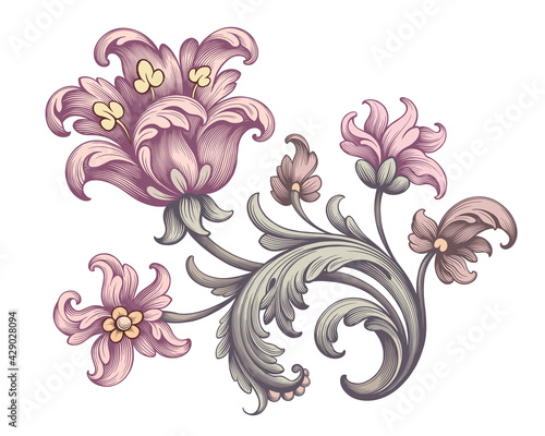 Tulip peony flower vintage pink red Baroque Victorian frame border floral ornament scroll engraved retro pattern tattoo vector