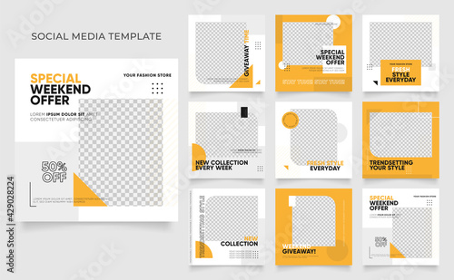 social media template banner blog fashion sale promotion. fully editable instagram and facebook square post frame puzzle organic sale poster. fresh yellow element shape vector background