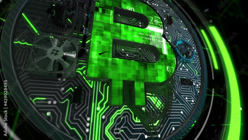 Concept of bitcoin mining animation. Green crypto coin with microchips and energy lines. 