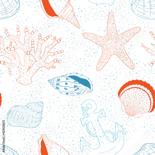 Seashells, Coral and Anchor seamless pattern