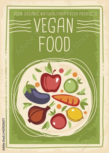 Vegan food banner design concept with various fruits and vegetables on green background. Organic products poster idea. Vector illustration with apple, onion, tomato, lemon, carrot and eggplant.
