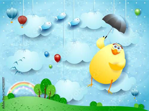 Funny flying chick with umbrella on surreal background. Vector illustration eps10