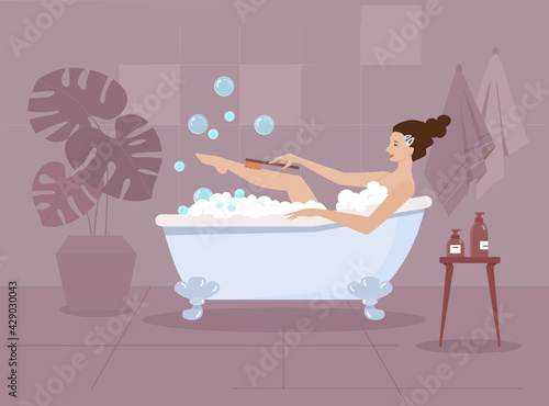 Beautiful young woman takes bath. Girl lies in the bathtub with foam bubbles and rubs her raised leg with a washcloth. Hygiene and beauty concept. Vector flat illustration.