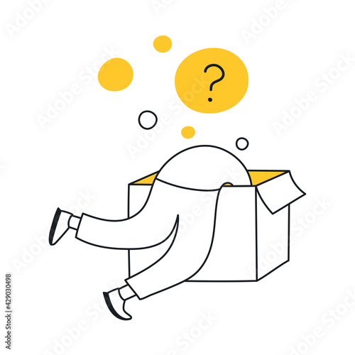 Search, research, finding process. Cute cartoon person diving in the box trying to find some answers inside, search for oneself concept. Thin line vector illustration on white.