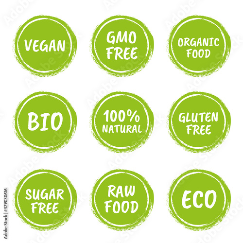 Healthy food icon set, natural product labels, organic tags for vegans