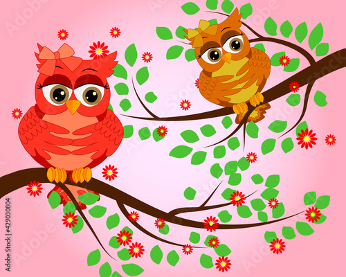 Four couples of owls sitting on branches. Nice elements for scrapbook, greeting cards, invitations, Valentine's cards etc.