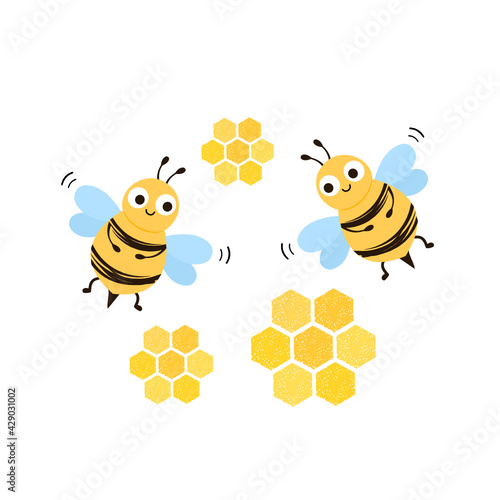 Fototapeta Naklejka Na Ścianę i Meble -  Bee cartoons and honeycomb icons isolated on white background vector illustration.