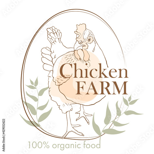Chicken farm labels and design elements in hand drawn line style for your design. Silhouette of chicken and eggs 100%  organic food, natural product.