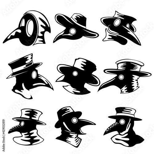 A set of nine plague doctor masks isolated on a white background.
