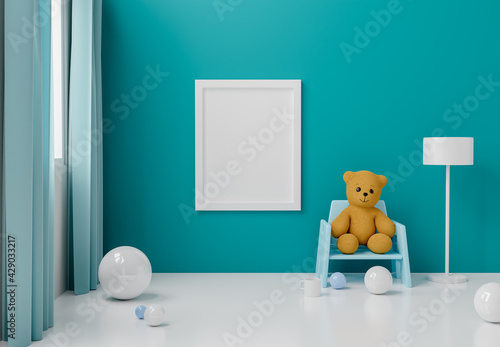 Mock up poster frame with cute teddy bear for a boy baby shower 3D rendering