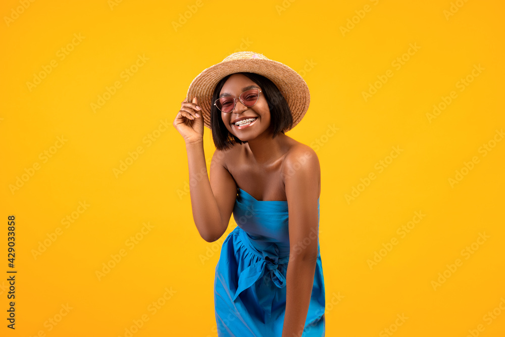 Beautiful African American Woman with Sun Hat Stock Photo - Image