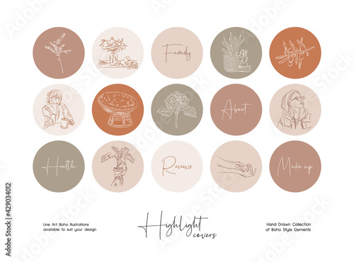 Set of hand drawn line art boho style vector illustrations. Vector set design templates icons and emblems - social media instagram story highlight.