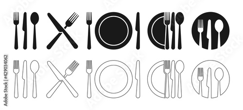 Cutlery icon. Set of fork, knife, spoon. Tableware icon. Logotype menu. Set in flat style. Silhouette of cutlery. Vector
