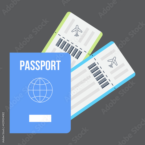 Passport with airline tickets. Boarding icon vector. Travel symbol, pass document on airplane. Blank jet ticket.