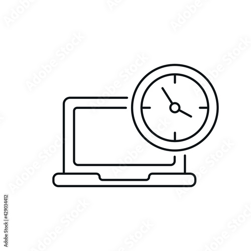 Laptop with clock linear icon. Time management. Thin line customizable illustration. Contour symbol. Vector isolated outline drawing. Editable stroke