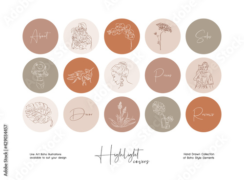 Set of hand drawn line art boho style vector illustrations. Vector set design templates icons and emblems - social media instagram story highlight.