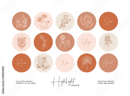Set of hand drawn line art boho style vector illustrations. Vector set design templates icons and emblems - social media instagram story highlight.