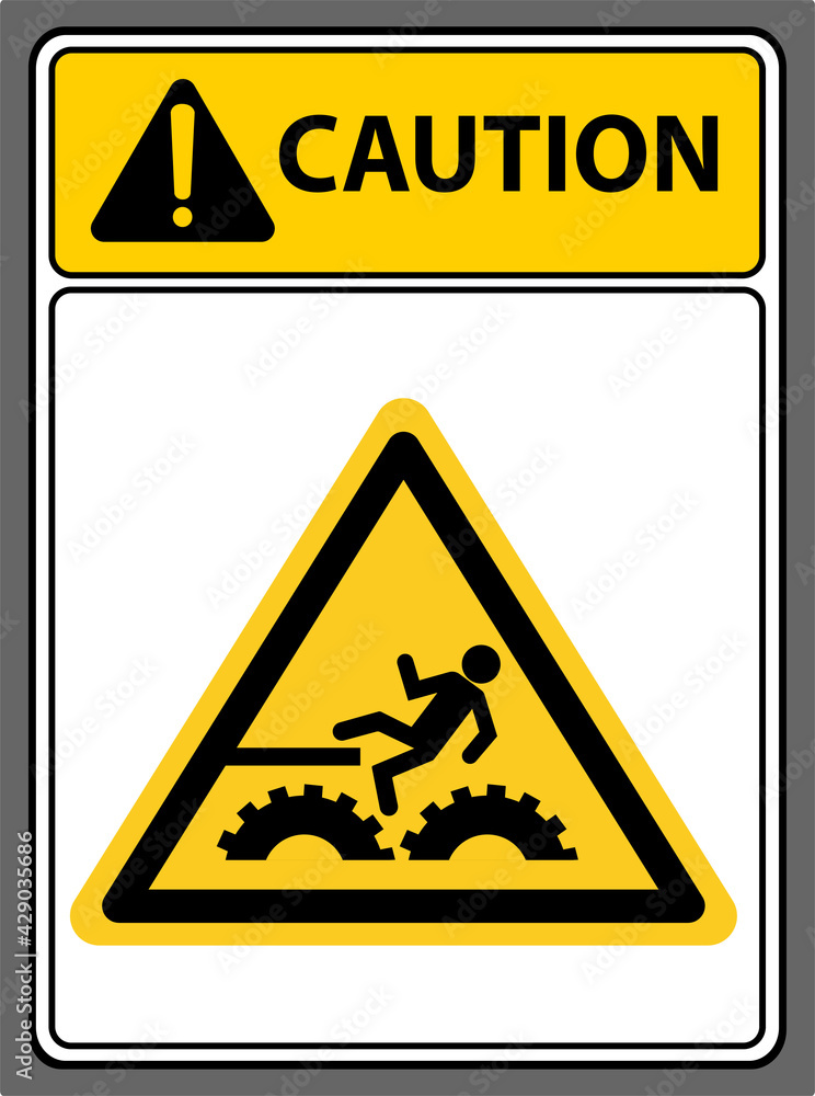 Beware of falling around the driving gear.,Caution sign Beware of falling around the driving gear.,Caution sign