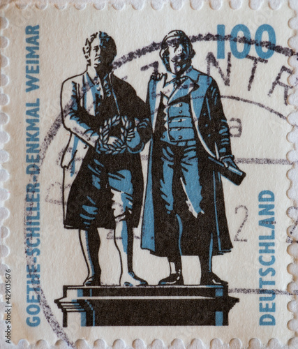 GERMANY - CIRCA 1997   a postage stamp from Germany  showing sights in Germany. Goethe and Schiller memorial in Weimar