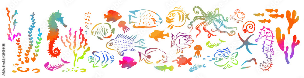 Set of multicolored marine life. Vector illustration of set of sea creatures