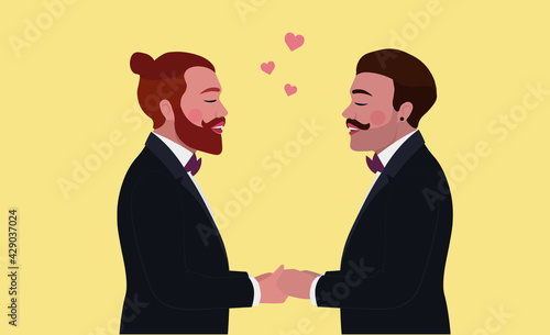 Happy gay men are getting married holding hands, LGBT rights, vector