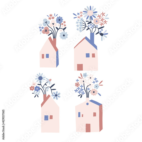 Tiny blooming boho house with daisy floral bouquet in chimney vector illustration set. Hygge Scandinavian folksy daisy flower homely building clip art collection isolated on white. Decorative graphics