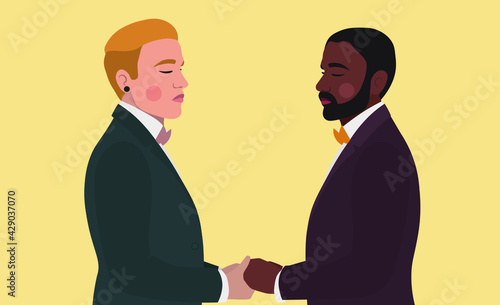 Happy gay men are getting married holding hands, LGBT rights, vector