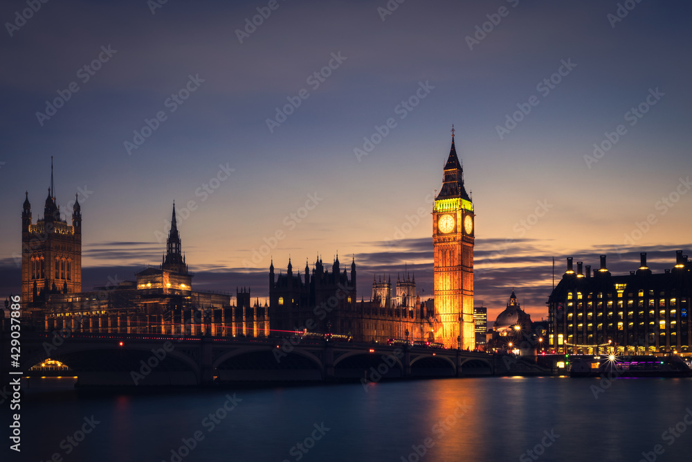 Big Ben, Houses of Parliament and Westminster Bridge during the blue hour. London, UK