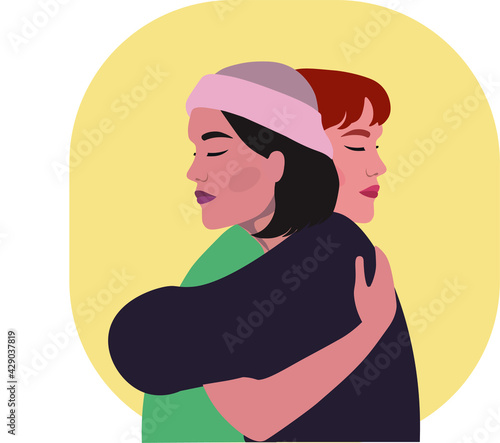 Lesbian couple hugging, LGBT love, vector
