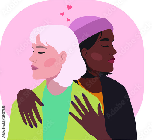 Lesbian couple hugging, LGBT love, vector