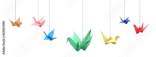 Assorted of colorful origami birds hanging on white