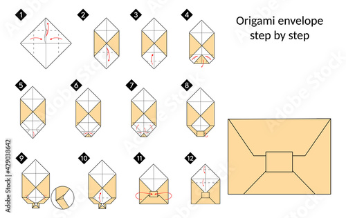 How to make a origami envelope vector illustration. Color black line step by step DIY instruction.