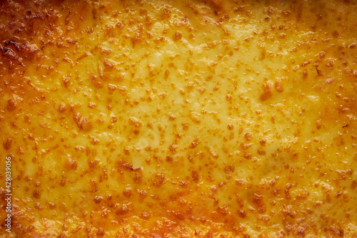 Background texture of melted mozzarella cheese on a lasagne or pizza base