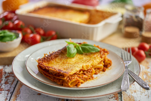 Delicious lasagne bolognese with pepper  tomato and cheese