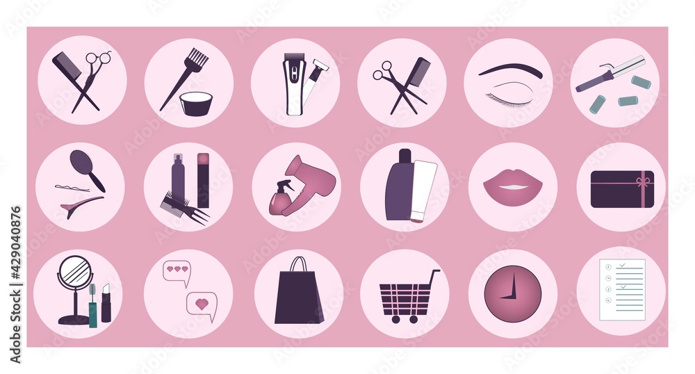 Website. Vector round icons for social networks with hairdressing tools, gift card, package and shopping cart. Social media elements for design. Website. Vector round icons for social networks with hairdressing tools, gift card, package and shopping cart. Social media elements for design.