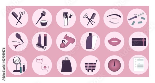Website. Vector round icons for social networks with hairdressing tools, gift card, package and shopping cart. Social media elements for design.
