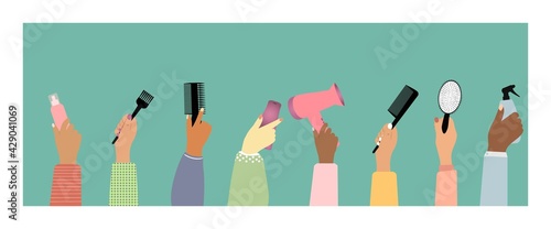 Women's hands hold hairdressing tools. Banner, a poster with the image of human hands of different skin types and objects for hair. Vector illustration.