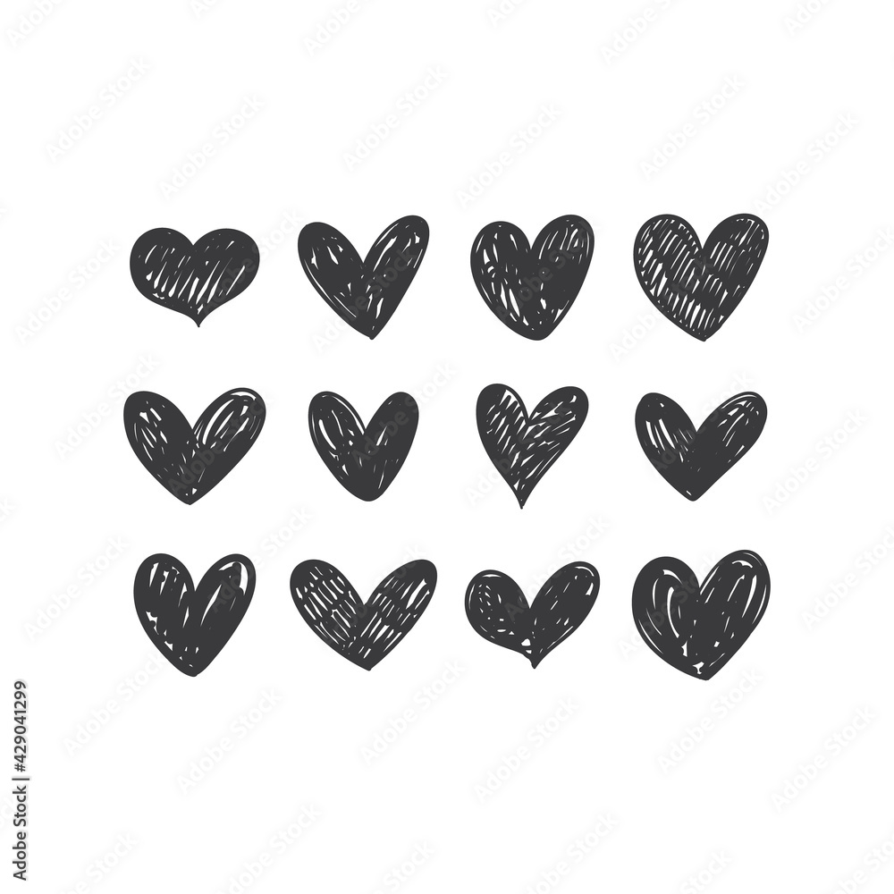 Heart doodles collection. Set of hand drawn hearts. Love symbol illustrations.
