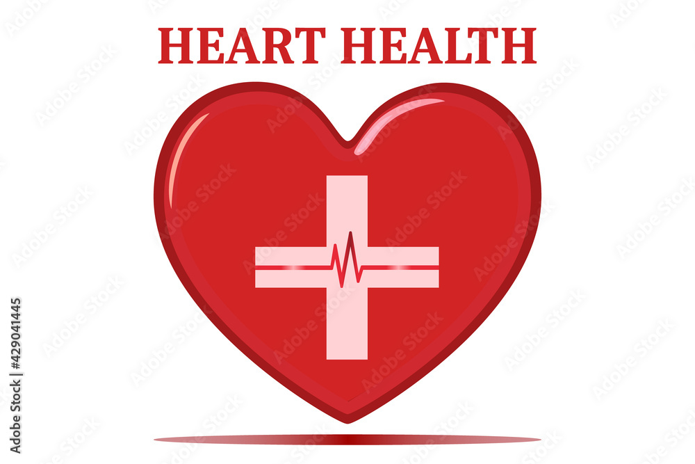 Heart health illustration vector isolated on white. A red heart, heartbeat pulse, plus shape. Health care, awareness, world heart day concept. Heart health illustration vector isolated on white. A red heart, heartbeat pulse, plus shape. Health care, awareness, world heart day concept.