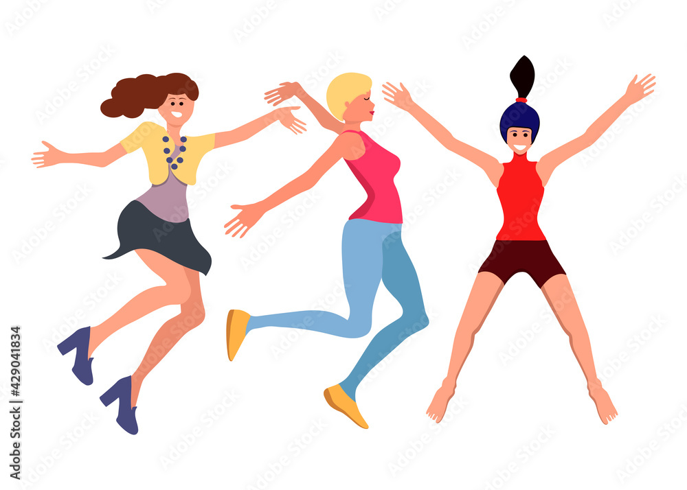 group of women in a flat style in active poses, and different clothes vector illustration isolated on white background